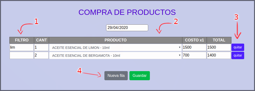 pantalla de compra
